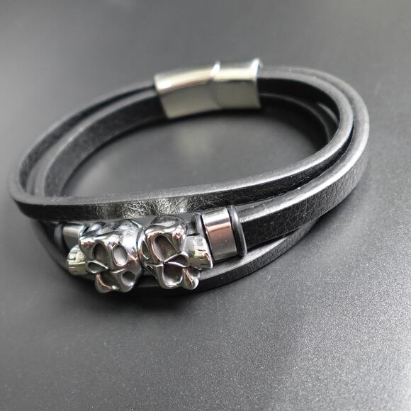 Stainless Steel Leather Bracelet W/ Skulls Accent SBR-788 - Picture 3 of 9
